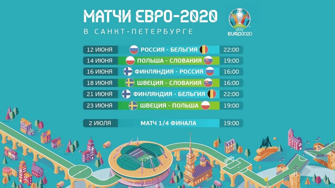 Расписание матчей Евро-2020 в Санкт-Петербурге: